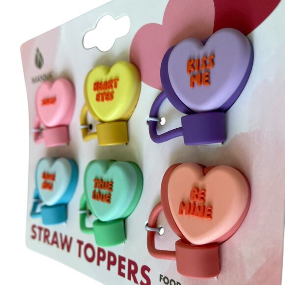 Conversation Heart Straw Toppers 6pk Valentines Day Multicolor Silicone XO New - Picture 8 of 12